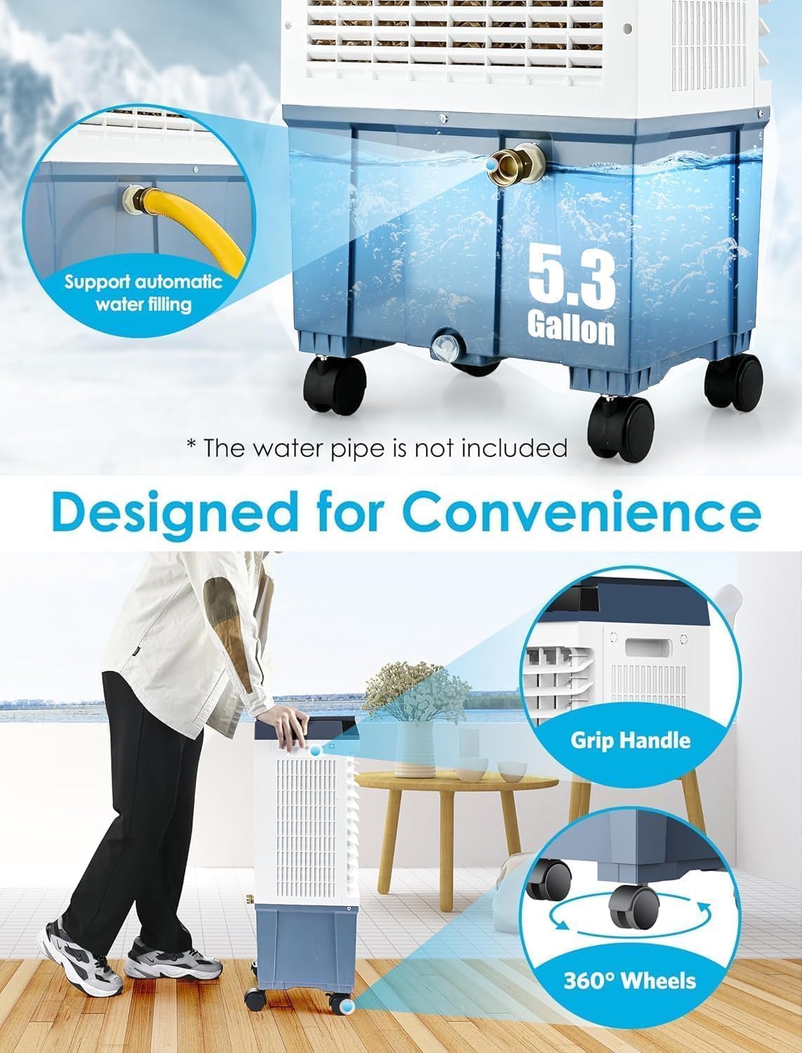 Air Choice Swamp Cooler, 1800 CFM Evaporative Air Cooler, 6 Ice Box & 5.3 Gal Water Tank, 110° Auto Swing, 3 Speeds, Large Remote, 12H Timer, 3-in-1 Portable Air Cooler Fan for Outdoor Bedroom Office