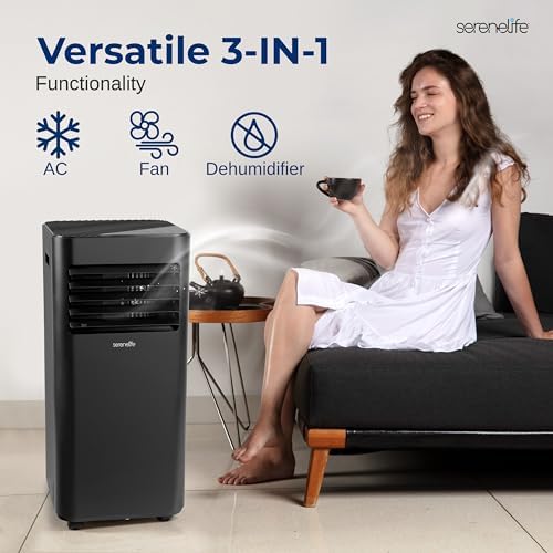 SereneLife 8,000 BTU Portable Air Conditioner, 115V Compact Room Air Conditioner with Dehumidifier & Fan, Window Mount Kit Included, Mini AC Unit for Bedroom, Office, or Home, Black