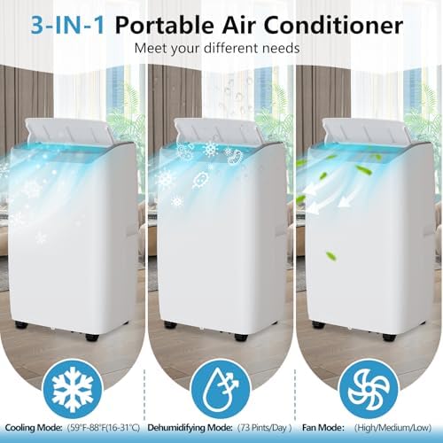 Portable AC, 14000 Btu Portable Air Conditioners with Remote Control, LED Display, 24h Timer, Installation Kits, Portable Ac Units for Rooms Cool Up to 750 Sq.Ft, White