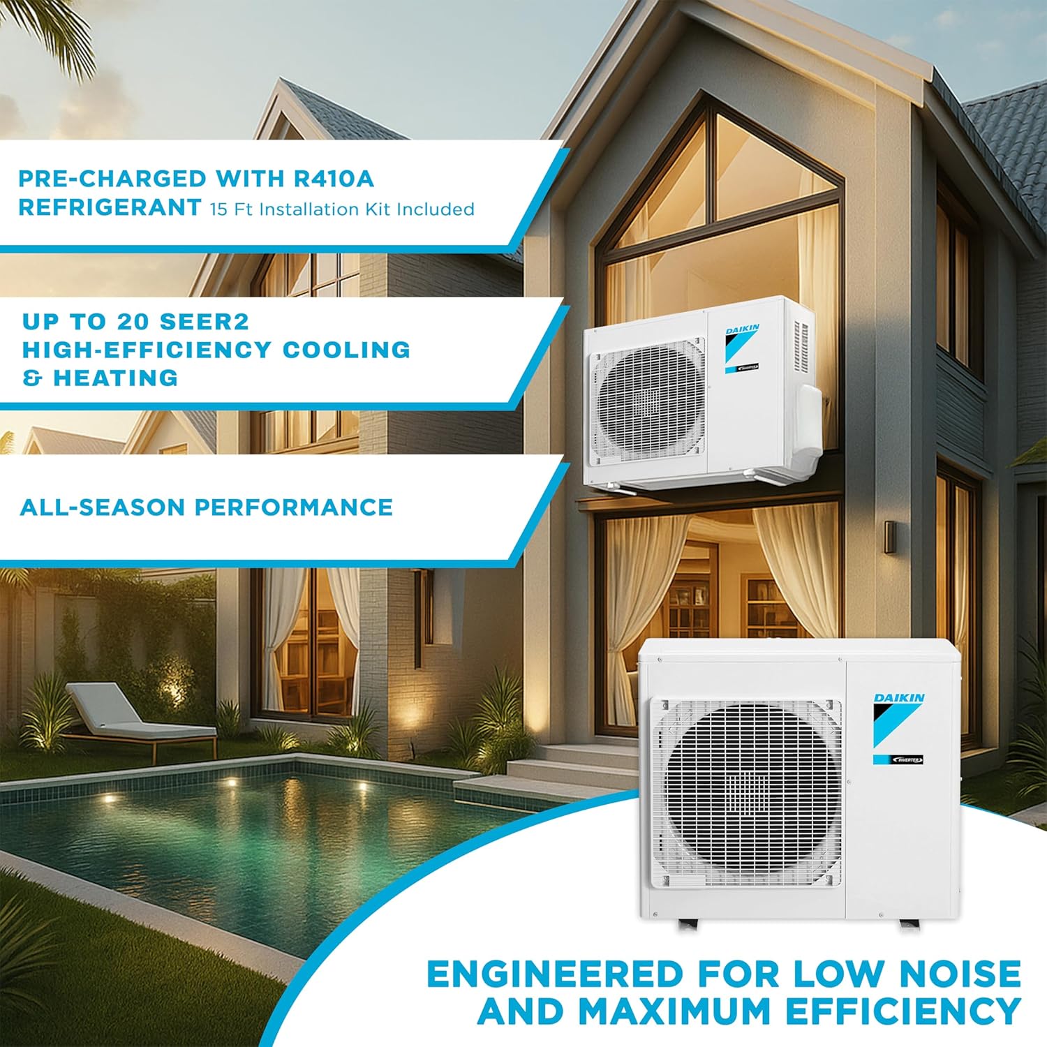 Daikin 18,000 BTU 19.5 SEER2 LV Series Ductless Mini-Split Wall Mount Heat Pump Air Conditioner with 15' Installation Kit, Wall Bracket, 1/2 Electric Whip, 30A Fuse -230V