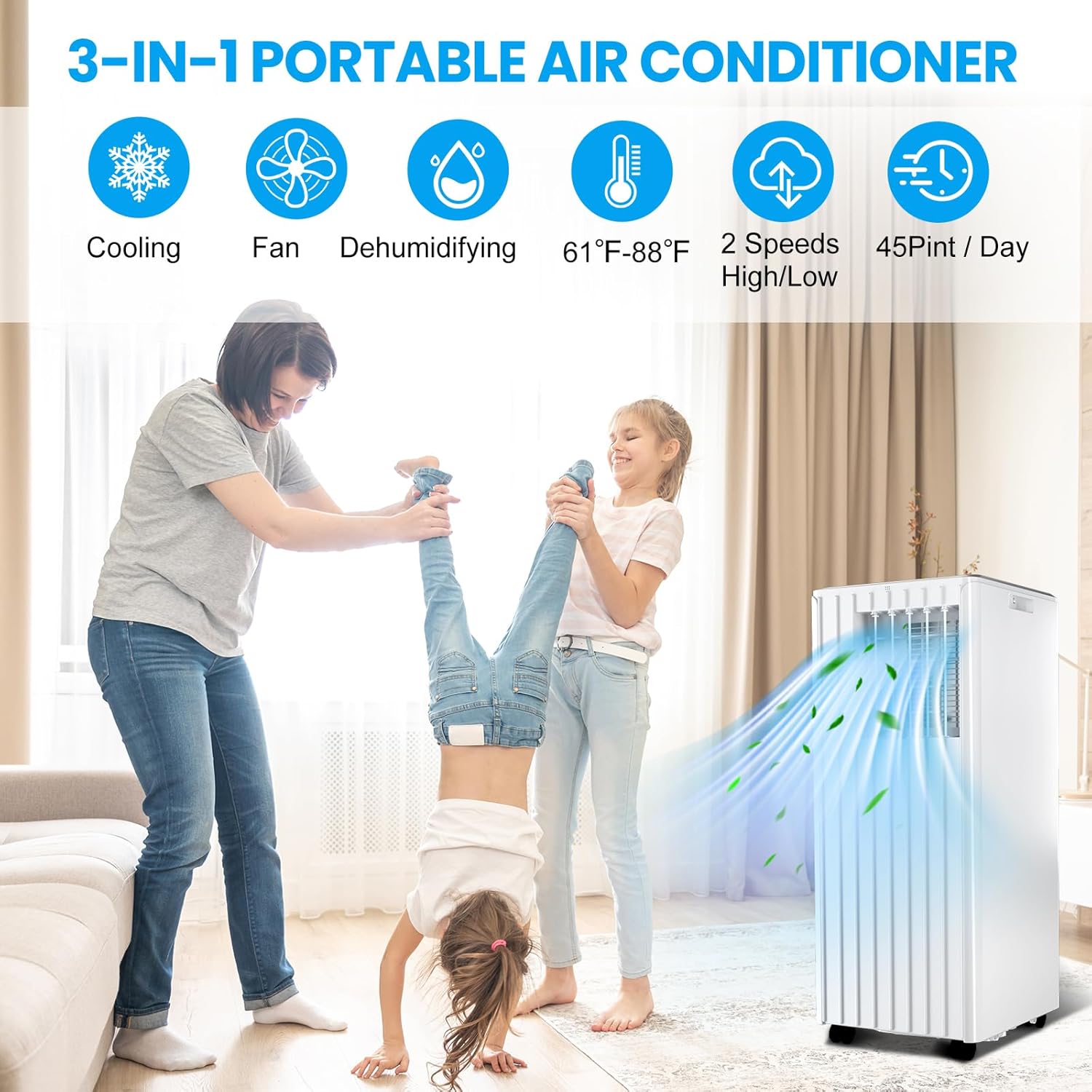 Portable Air Conditioners with Remote Control, 8000 BTU Portable Conditioner for Room, Dorm, Office with 3-IN-1 Quiet AC Unit, 2 Speeds, 24H Timer, Energy Savings, Cools Room up to 350 Sq. Ft White