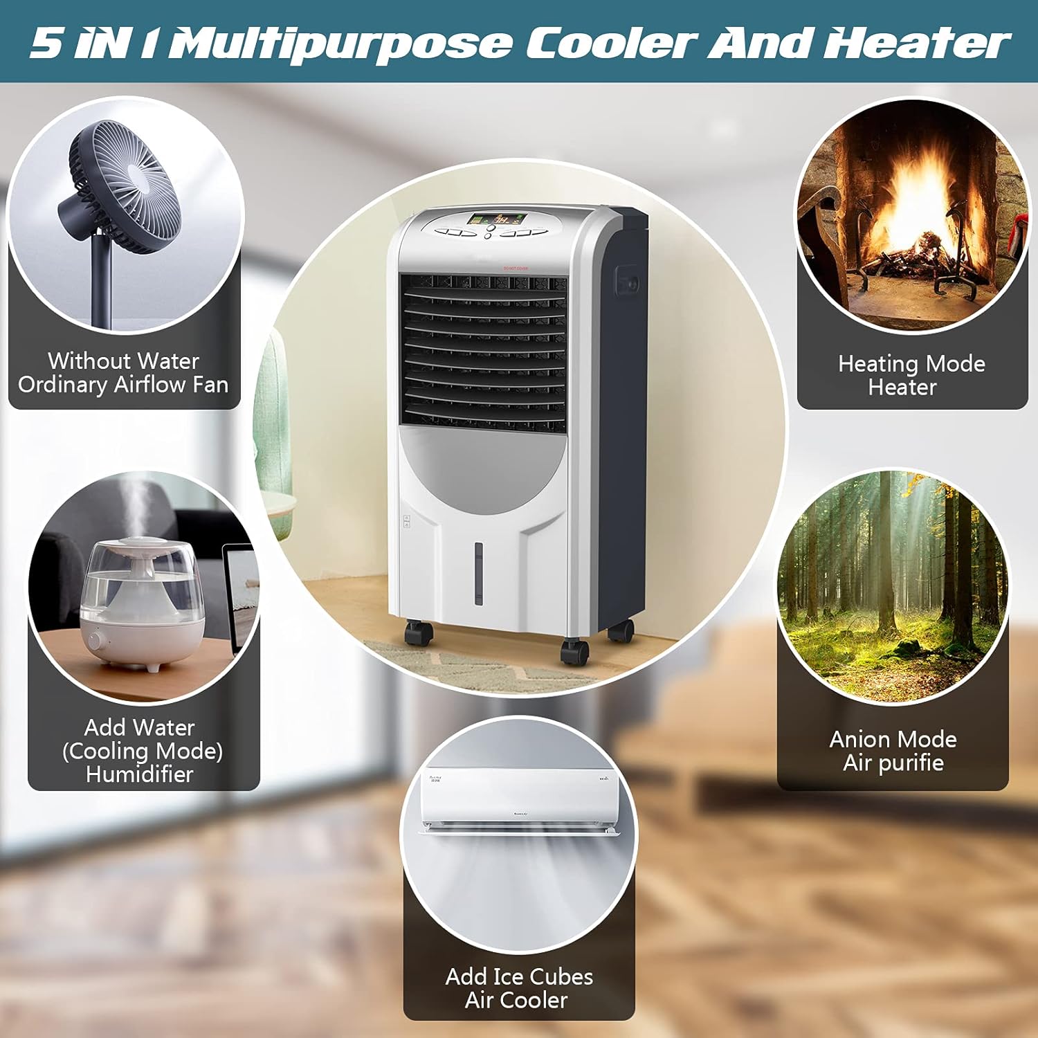 GOFLAME Air Cooler and Heater, Portable Evaporative Air Cooling Fan Filter Humidifier with Ice Crystal Box, Remote Control, Adjustable 3 Fan Speed, Compact Air Cooler for Indoor Home Office Dorms