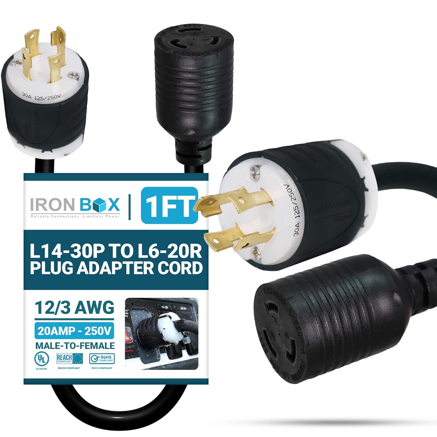 IronBox Electric - NEMA L14-30P to L6-20R Plug Adapter Cord - Rated for 20A, 250V - 12/3 AWG Wire - Power Cable for Generators, RV, Electrical Equipment - Ideal for Indoor/Outdoor Use (1 Foot, Build)