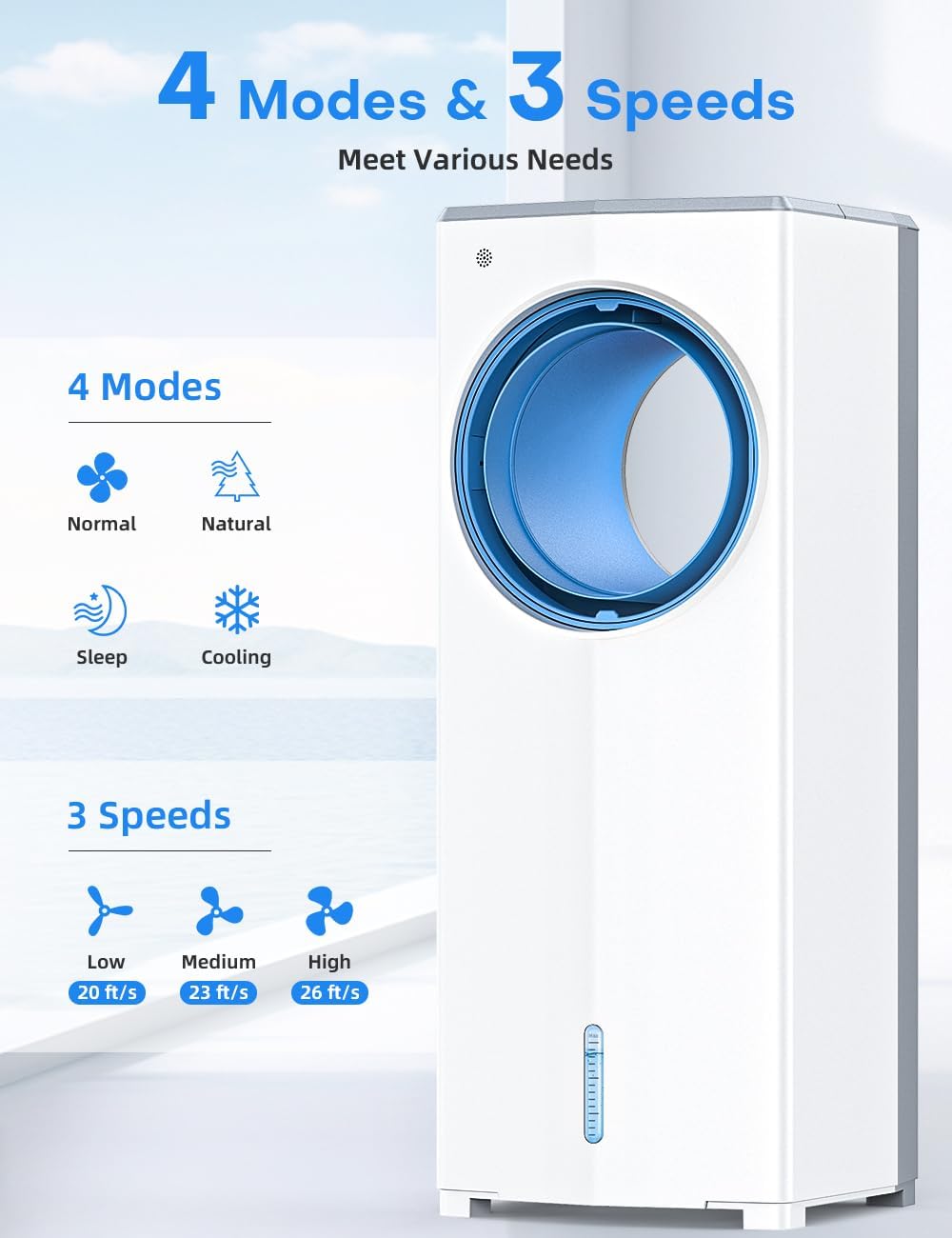 27 INCH Evaporative Air Cooler, Bladeless Windowless Air Conditioners w/4 Modes & 3 Speeds, 1 Gallon Double Tanks for 12H Cooling, 360°Auto Swing, 20ft Remote Control,7H Smart Timer, 4 Ice Packs