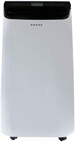 Amana 10,000 BTU Portable Air Conditioner for Living Room, Bedroom, Basement, Kitchen, 115V, Cools up to 350 Sq.Ft. with Remote, 24H Timer, 3-Speed, LCD Display, Auto-Restart, Wheels, White/Black