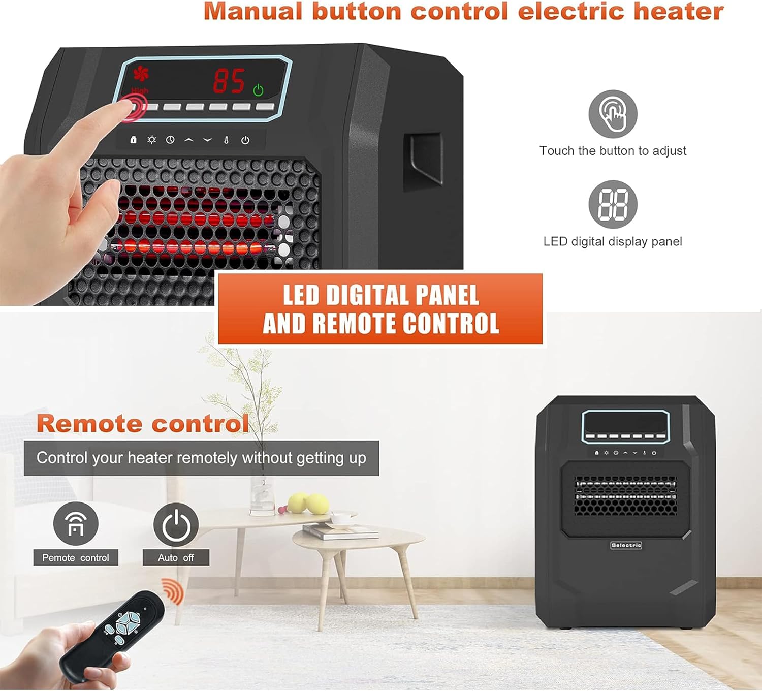 VOLTORB Portable Indoor Electric Space Heater w/ Cord, Remote, and 3 Heat Settings, 1500W