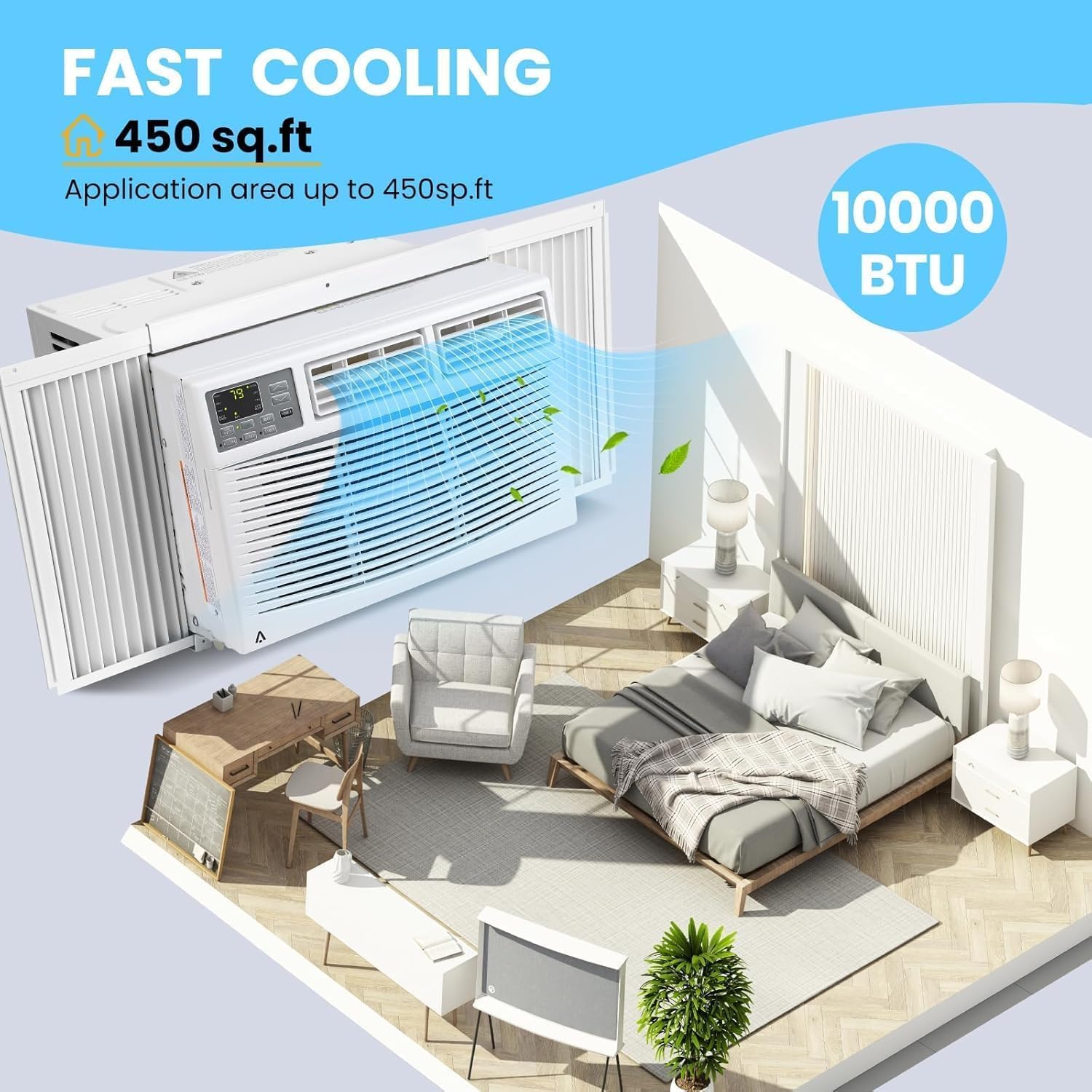 1,000 BTU Window Air Conditioner for 450 Sq.Ft, 3 Fan Speeds