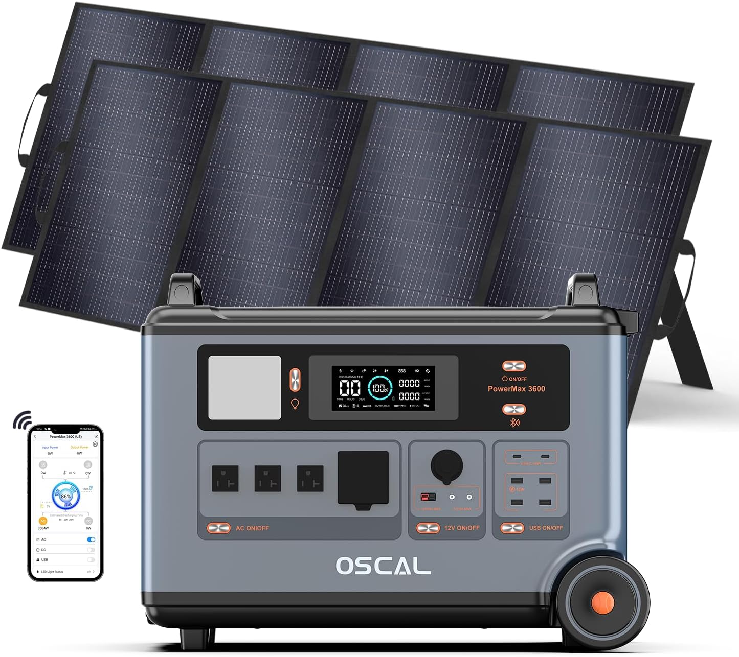 OSCAL PowerMax 6000 120V/240V Solar Generator with 2×400W Solar Panel, 6000W AC Outlets (9000W Peak) 3600Wh Power Station, 2200W AC Charging/2400W Solar Charging, Emergency for Home, Battery Backup