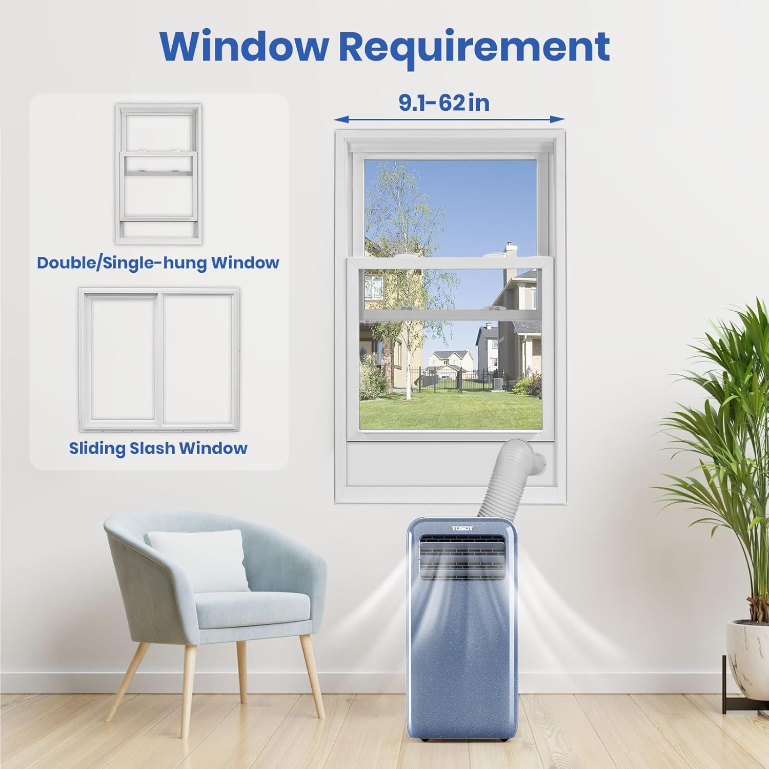 TOSOT 11,500 BTU (8,000 BTU SACC) Portable Air Conditioner WiFi Control, 3-in-1 Portable AC, Dehumidifier, Fan for Large Rooms Up to 400 sq ft, Easy Installation, AOMI Series, Steel Blue