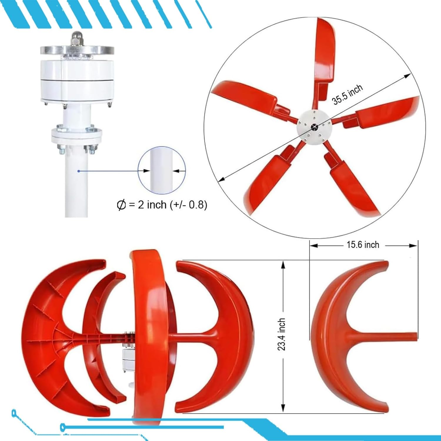 16000W Vertical Axis Wind Turbine Generator Kit, 5-Blade 12V/24V/48V System with Controller, Ideal for Home, Camping, Boat - Efficient Renewable Energy Solution in Red