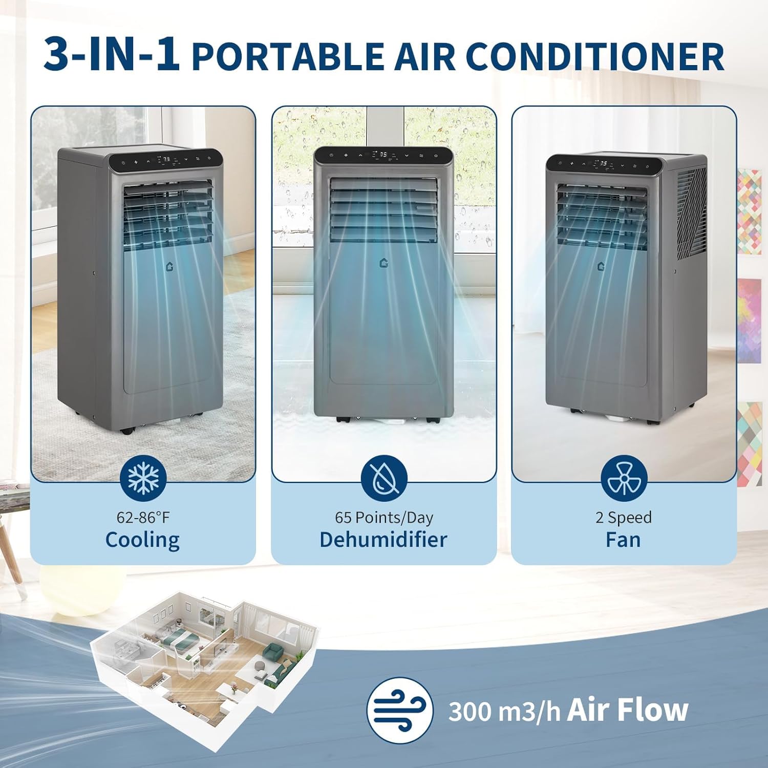 Portable Air Conditioner 8000 BTU - Dehumidifier & Cooling Fan for 350 Sq Ft Rooms, Includes Remote Control，Portable AC Unit, Window Kit for Bedrooms Office Home.