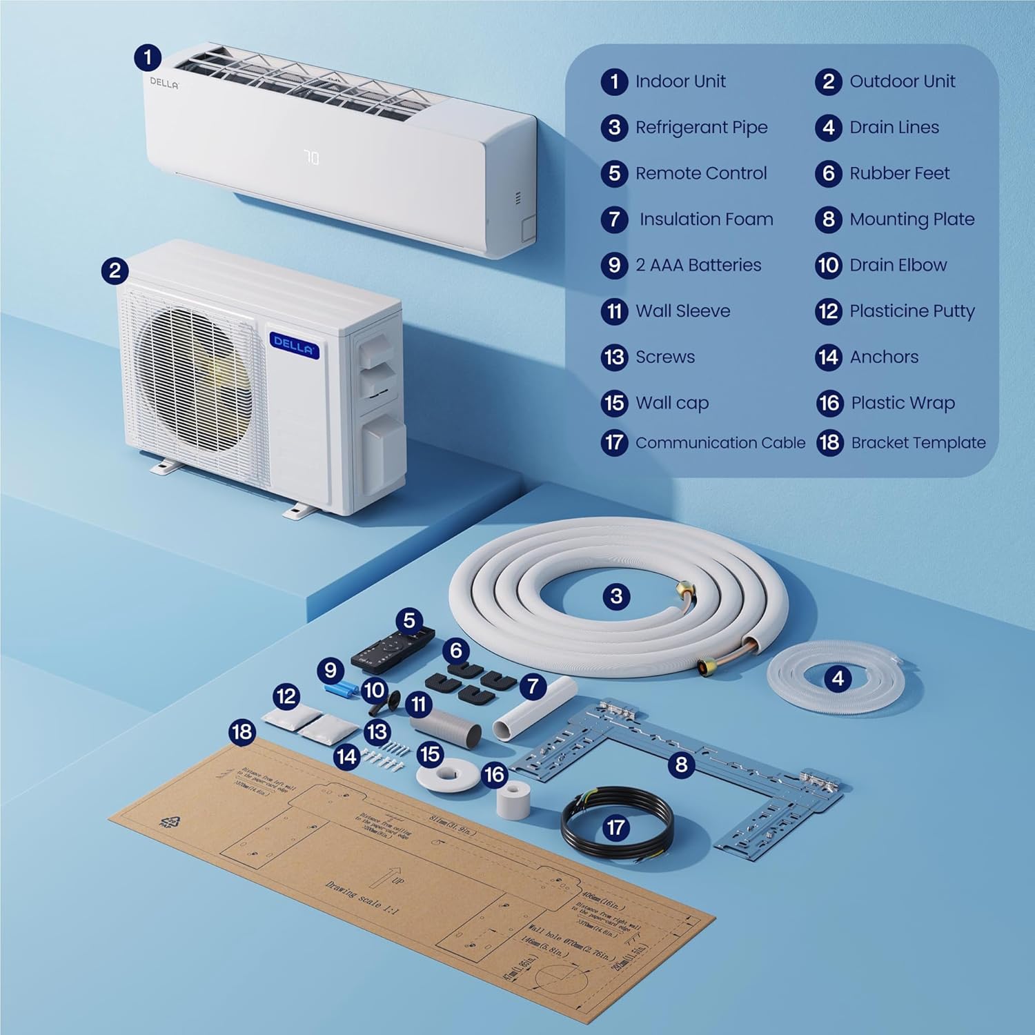 DELLA Vario Series 12000 BTU Mini Split Air Conditioner Work with Alexa with 1 Ton Pre-Charged Heat Pump Ductless Inverter System, 23 SEER2, Cools Up to 550 Sq. Ft,16.4ft Installation Kit Included