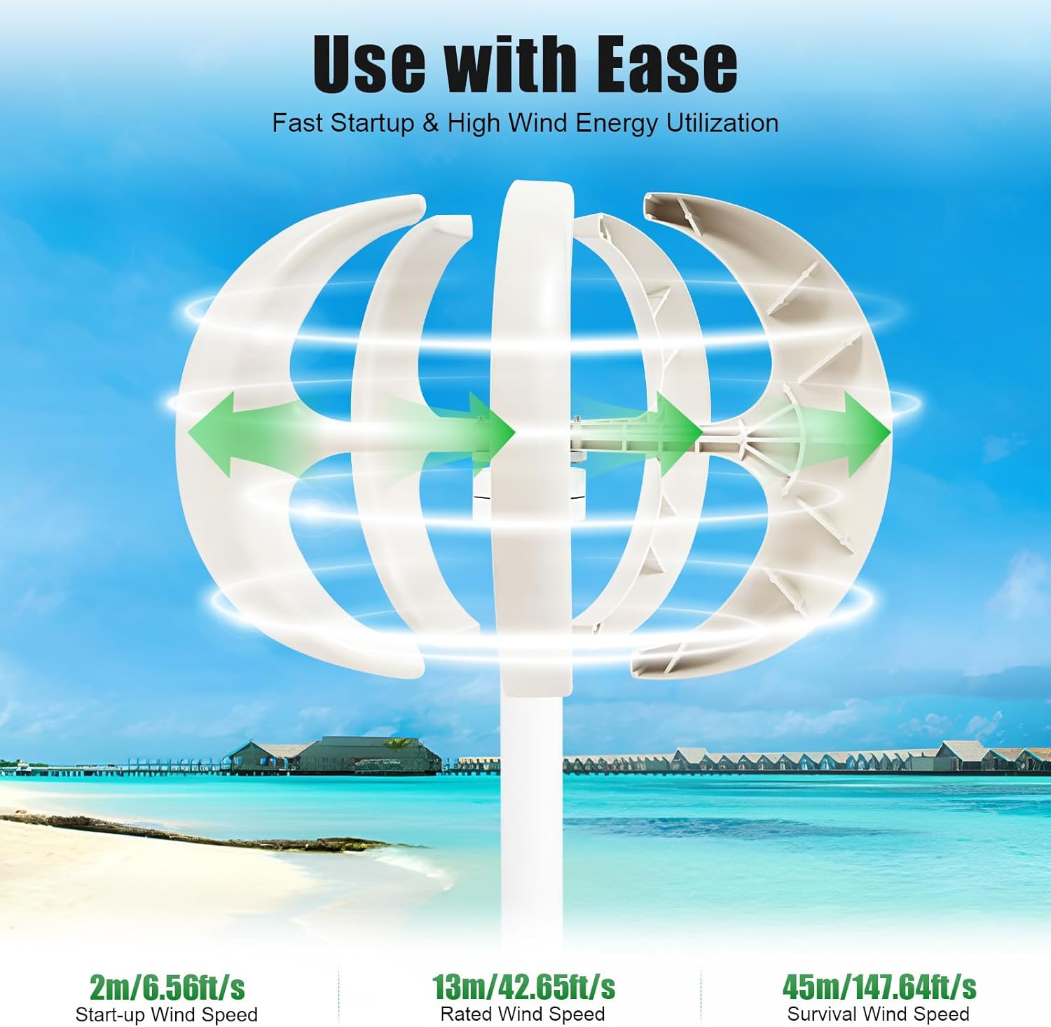 Lantern Wind Turbine Generator, 5-Blade Vertical Axis Wind Power with Controller and Flange Plate 600W 24V Electromagnetic System, 13m/s Rated Speed Wind Generators for Home Use (24 Volts)