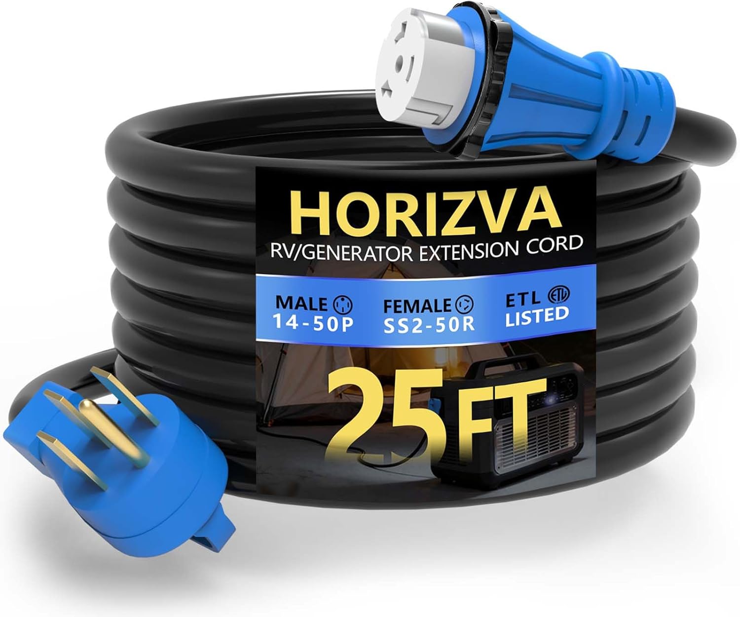 50 Amp Generator Cord, 25FT RV Extension Cord with Twist Lock, 4 Prong NEMA 14-50P to SS2-50R, Heavy Duty 6/3+8/1 Gauge STW Wire Cable for Camper & House, ETL Listed (25FT)