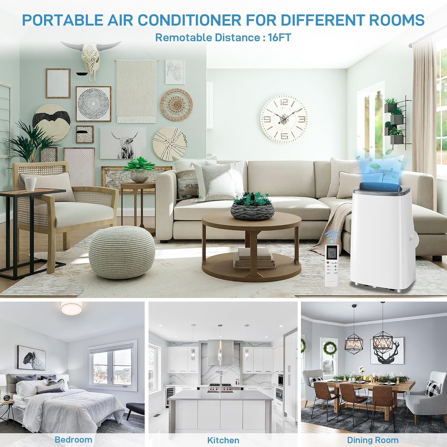 14000 BTU Portable Air Conditioner for Room up to 700 Sq.Ft - 3-in-1 Energy-Efficient AC Unit with Dehumidifier & 3-Speed Fan, Quiet Operation, Remote Control, Compact Design