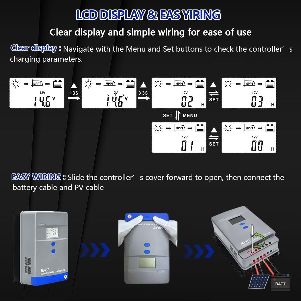 100A MPPT Solar Charge Controller 12V/24V/36V/48V Auto Battery Regulator LCD Display,MAX PV Panel Input 5200W for AGM, Gel, Flooded and Lithium Battery Charging, High-Efficiency Energy Conversion​