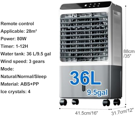 Swamp Cooler, 3-in-1 Evaporative Air Cooler with 36 L/9.5 Gal Tank, 60° Oscillation, 12H Timer, Remote, Portable Air Conditioner for Bedroom Home Office