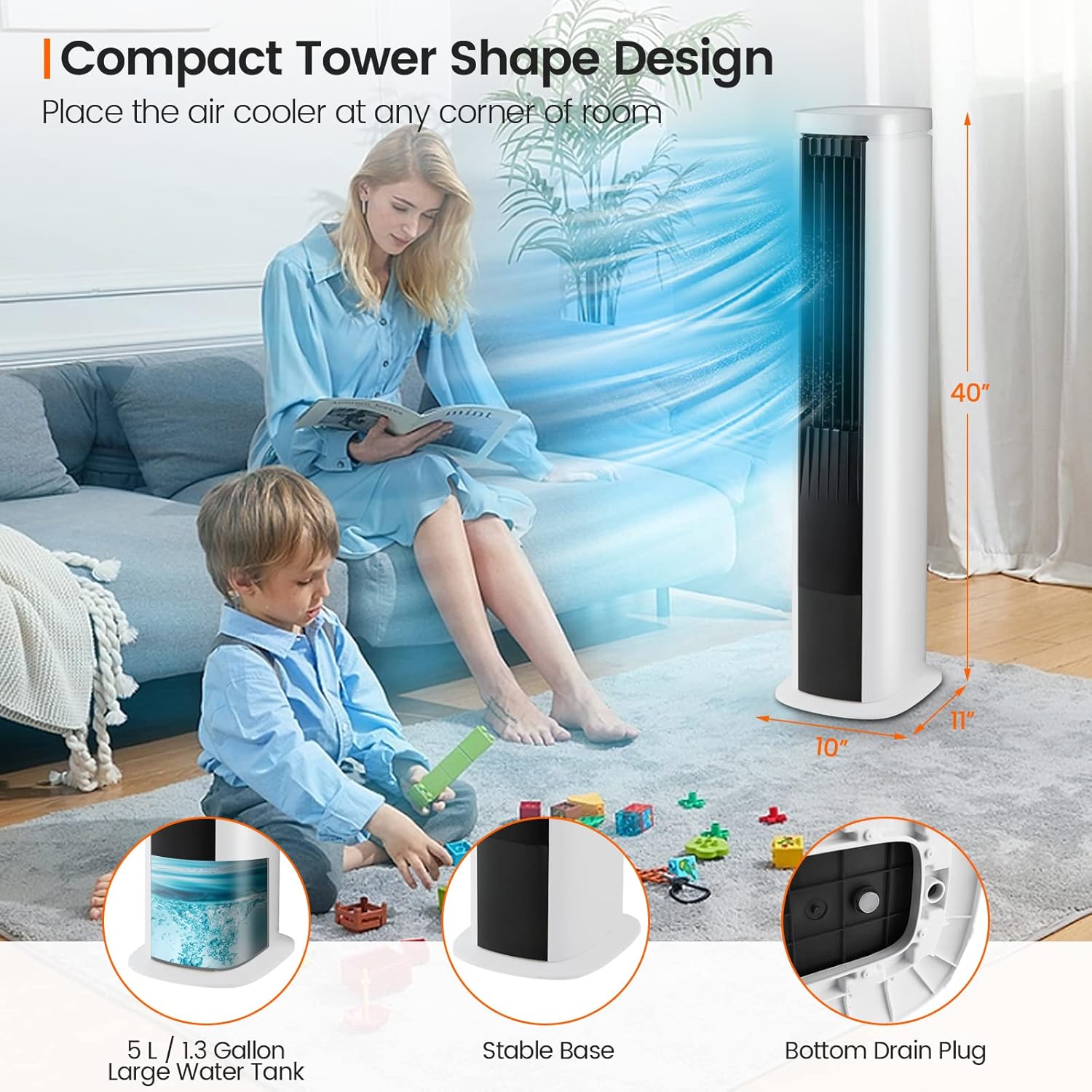 COSTWAY Portable Evaporative Air Cooler for Room, 40-Inch Bladeless Cooling Tower Cooler with Remote Control, 4 Ice Packs, 4 Speeds, 7H Timer, 60° Oscillation, Quiet Swamp Cooler Fan for Home Office