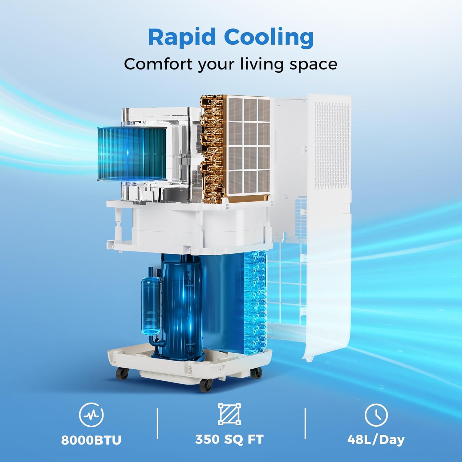 2025 Upgraded Portable Air Conditioner,8,000 BTU Portable AC Unit with Built-in Cool, 3-in-1 Cooling Fan & Dehumidifier for Rooms up to 350 Sq. Ft.,Smart APP and Remote Control,2 Speed,24H Timer