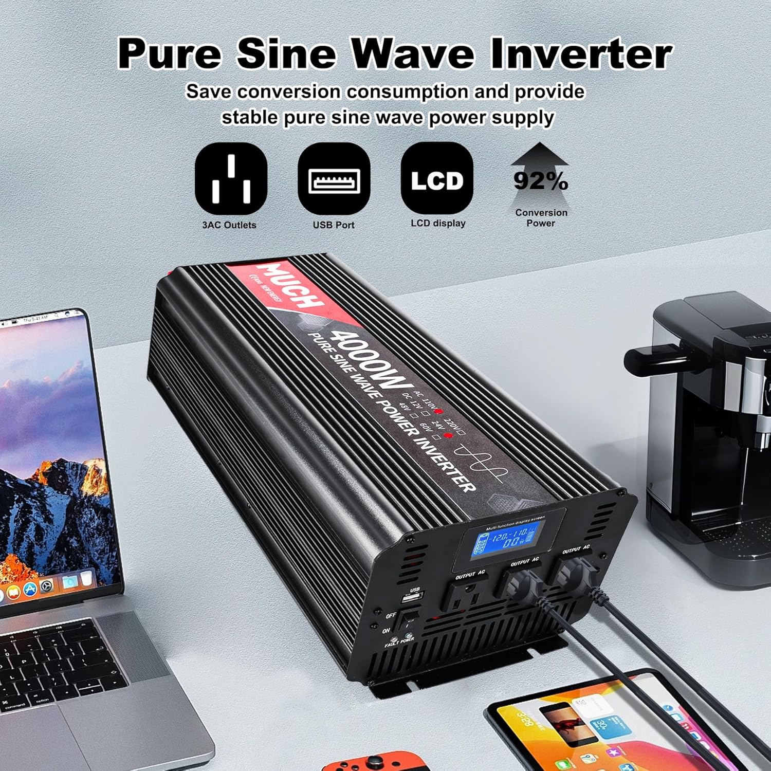 4000W Pure Sine Wave Power Inverter,Car Power Inverter 24V DC to 110V/120V AC Converter with LCD Display for Truck/RV/Home/Solar/Off-Grid (24V)
