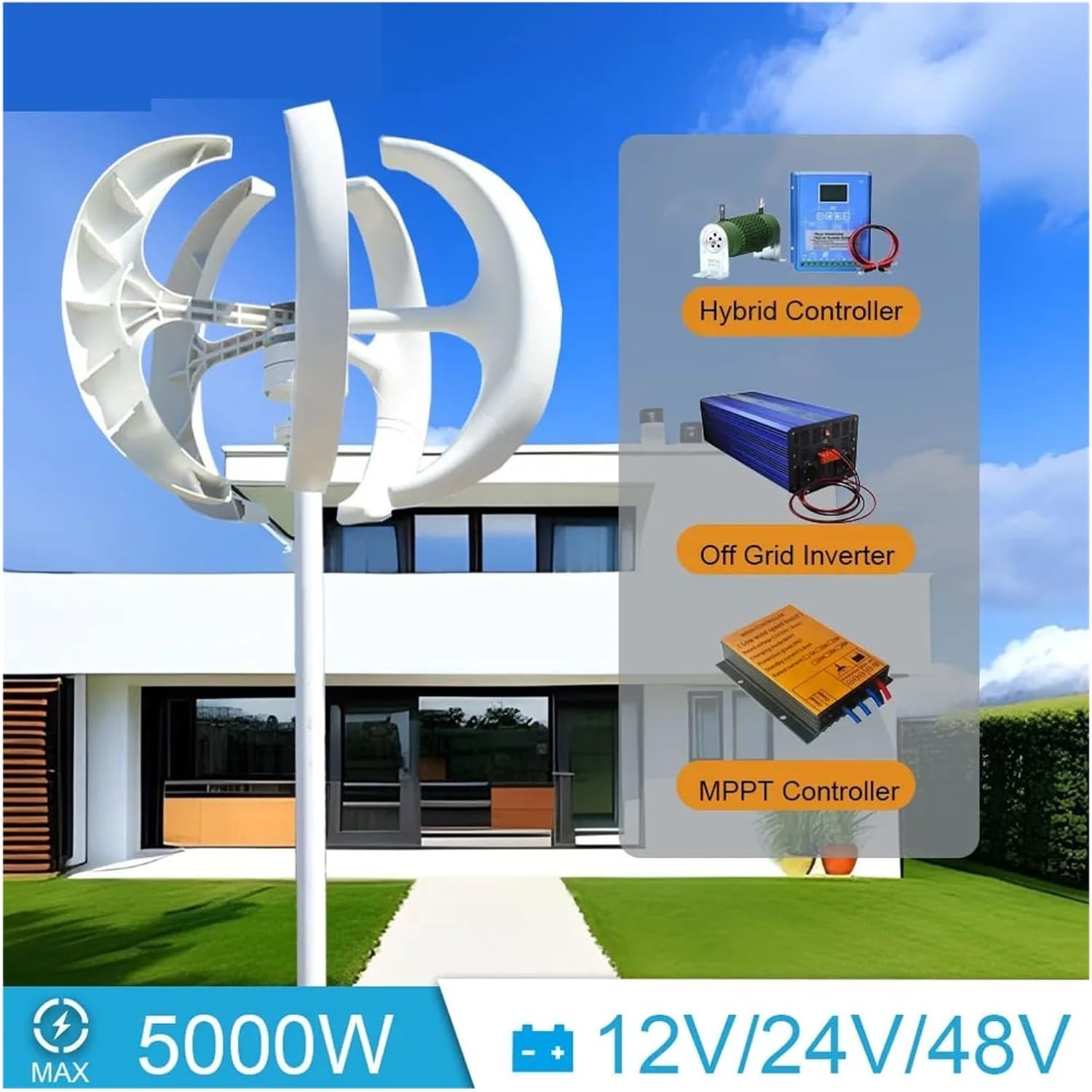 5000W 12V 24V 48V Wind Turbine Generator 5KW Vertical Axis Windmill with Hybrid Charge Controller for Home Use Industrial Energy(White,with MPPT Controller_24V)