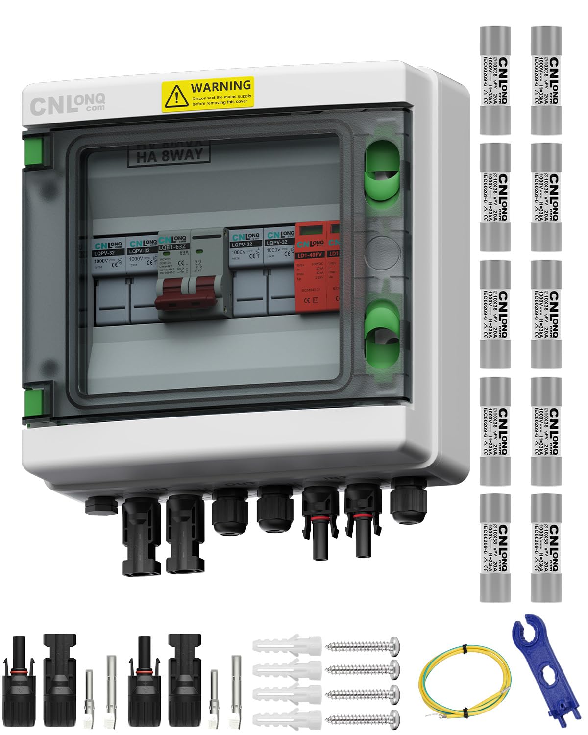 2 String Solar PV Combiner Box IP65 2 in 1 Out DC500V 63A Circuit Breaker & 10pcs Fuse Link 20A 1000V DC with Surge Protector and 30A PV Fuse,Solar Disconnect Switch Outdoor Waterproof for Solar Panel