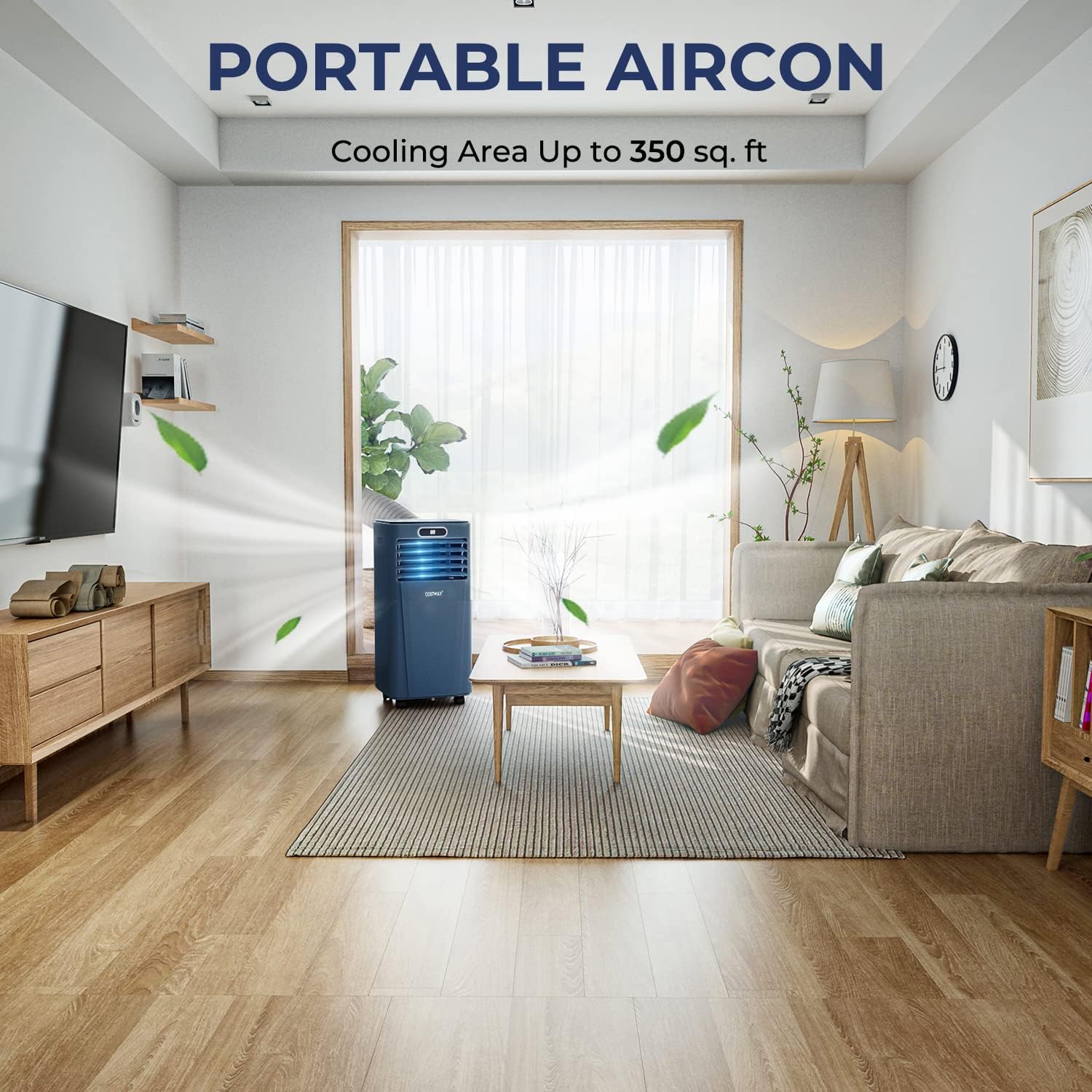 COSTWAY Portable Air Conditioner, 10000BTU Air Cooler with Drying/Fan/Sleep Mode, 2 Speeds, 24H Timer, for Home & Office, Cools Room up to 350 Sq. ft, Window Kit Included (10000 BTU, Dark Blue)