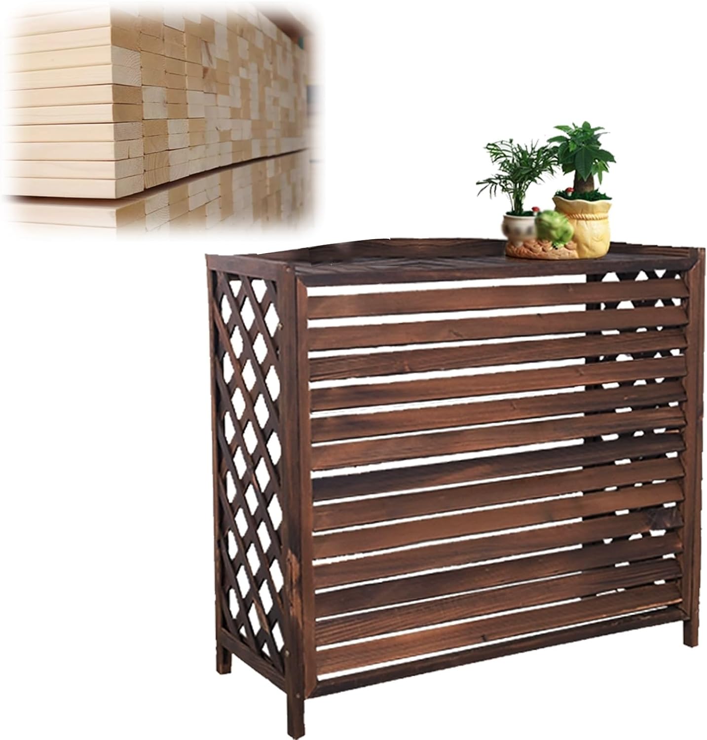 Air Conditioner Fence Screen AC Covers Outdoor Protective Grilles Wooden Plant Display Rack Weather Resistant Space Divider Shutters Decoration Cover For Outside Unit(Brown,L115cm*W54cm*H95cm)