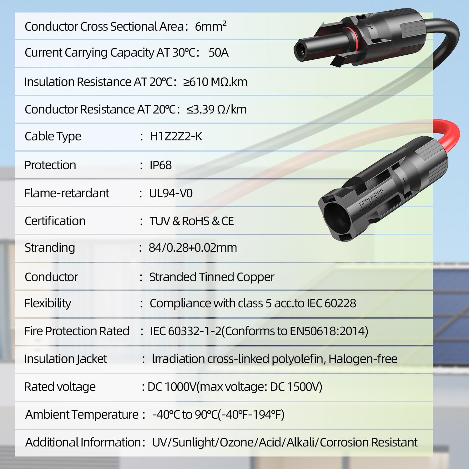 10AWG Solar Panel Wire, 50FT Red & Black 84 Strands Tinned Copper PV Wire, 10FT 10AWG Solar Panel Cable with Female and Male Connectors for Outdoor RV, Off-Grid Photovoltaic Systems