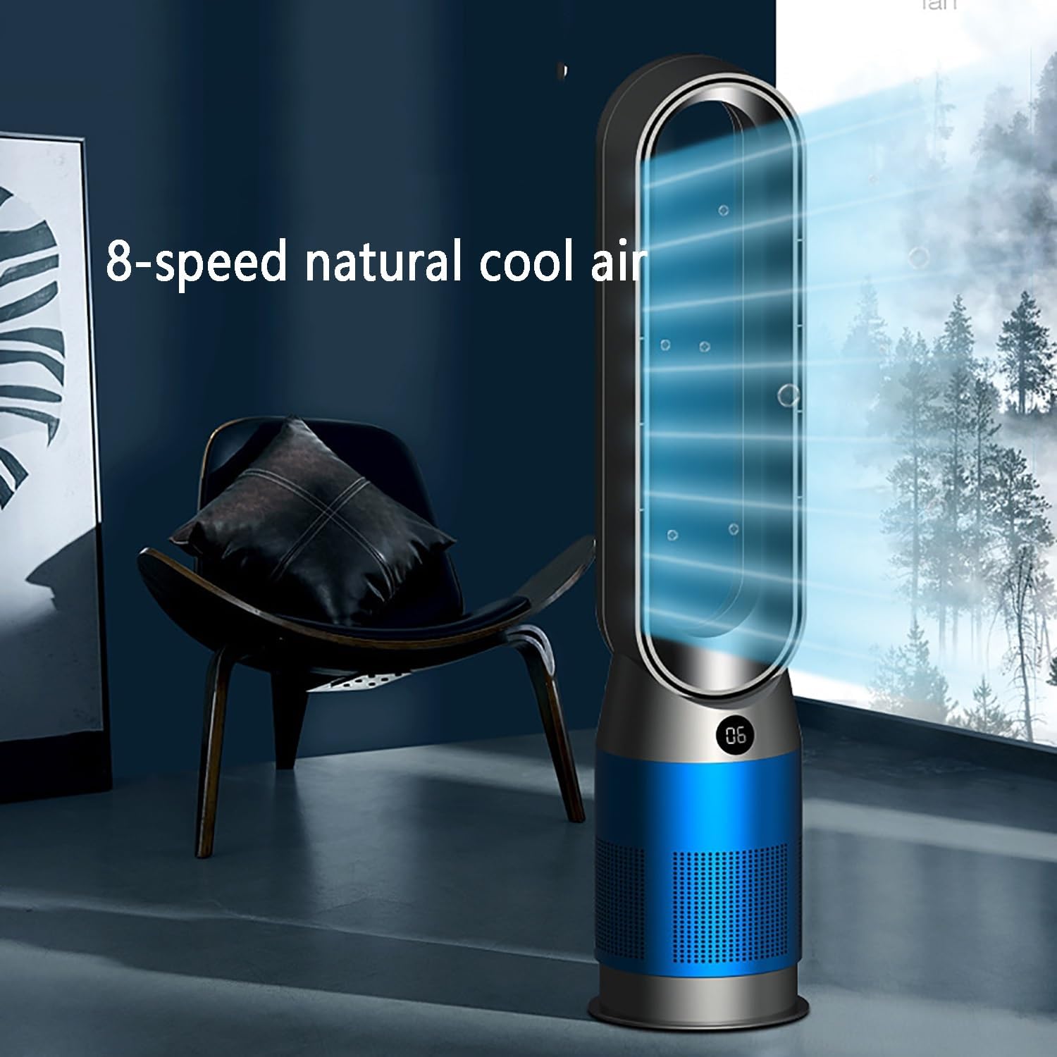 Floor Fan Air Circulation Fan Quiet Bladeless Fan Oscillating Tower Fan with Remote, 8 Speeds, 8H Timer, 80° Oscillating Pedestal Fan, Portable Cooling Fan for Bedroom, Home, Office(Blue)