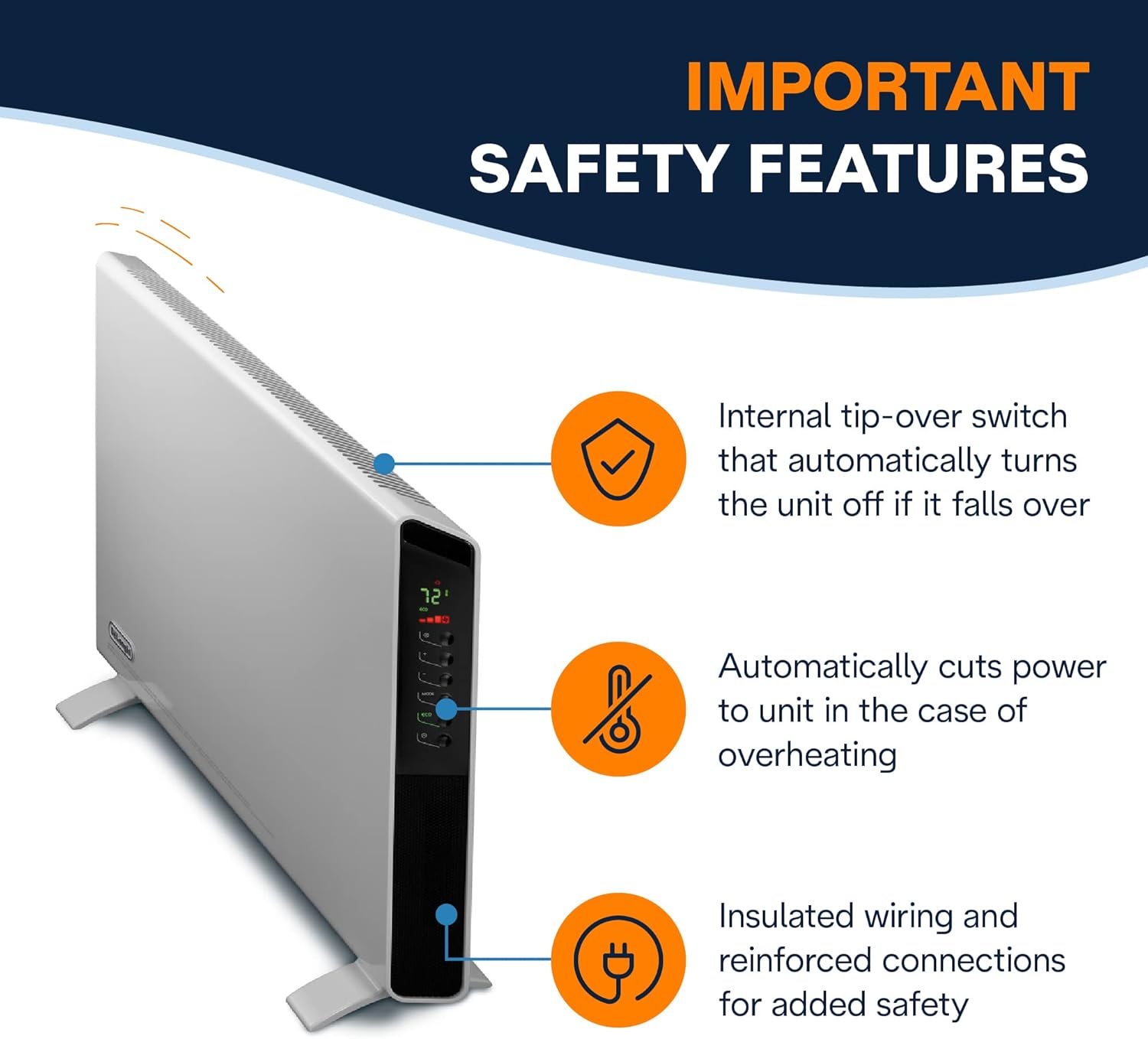 DeLonghi Convection Panel Heater, Full Room Quiet 1500W, portable electric heater is freestanding/easily wall mounted. Energy Saving, quick heat distribution, timer, white, HCX9115E