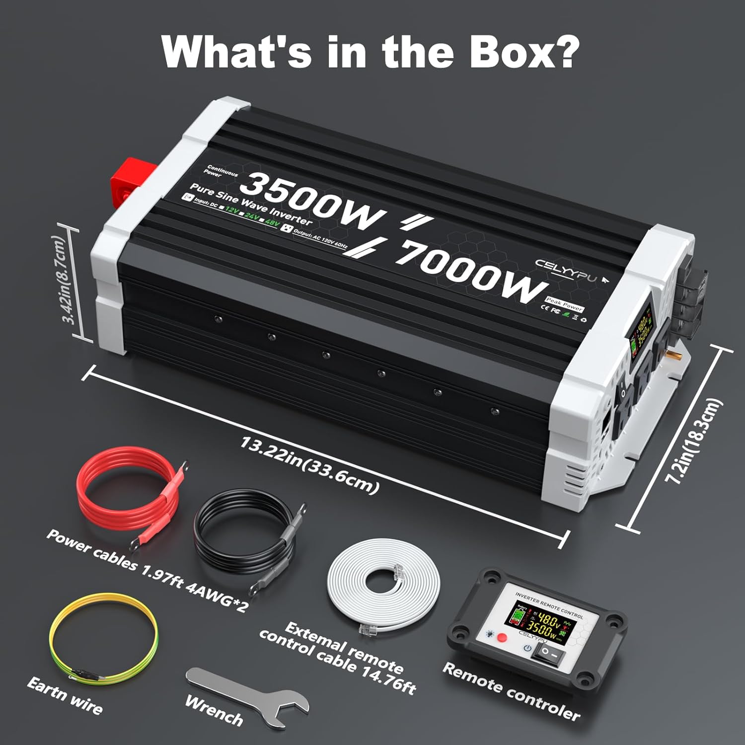 3500 watt Pure sine Wave Inverter, 48V DC to 110V AC Power Inverter, with 3 AC Output sockets, USB Port, Type-C Port, Remote Control with LCD Screen, Used for Solar Emergency Power Supply in RV Homes