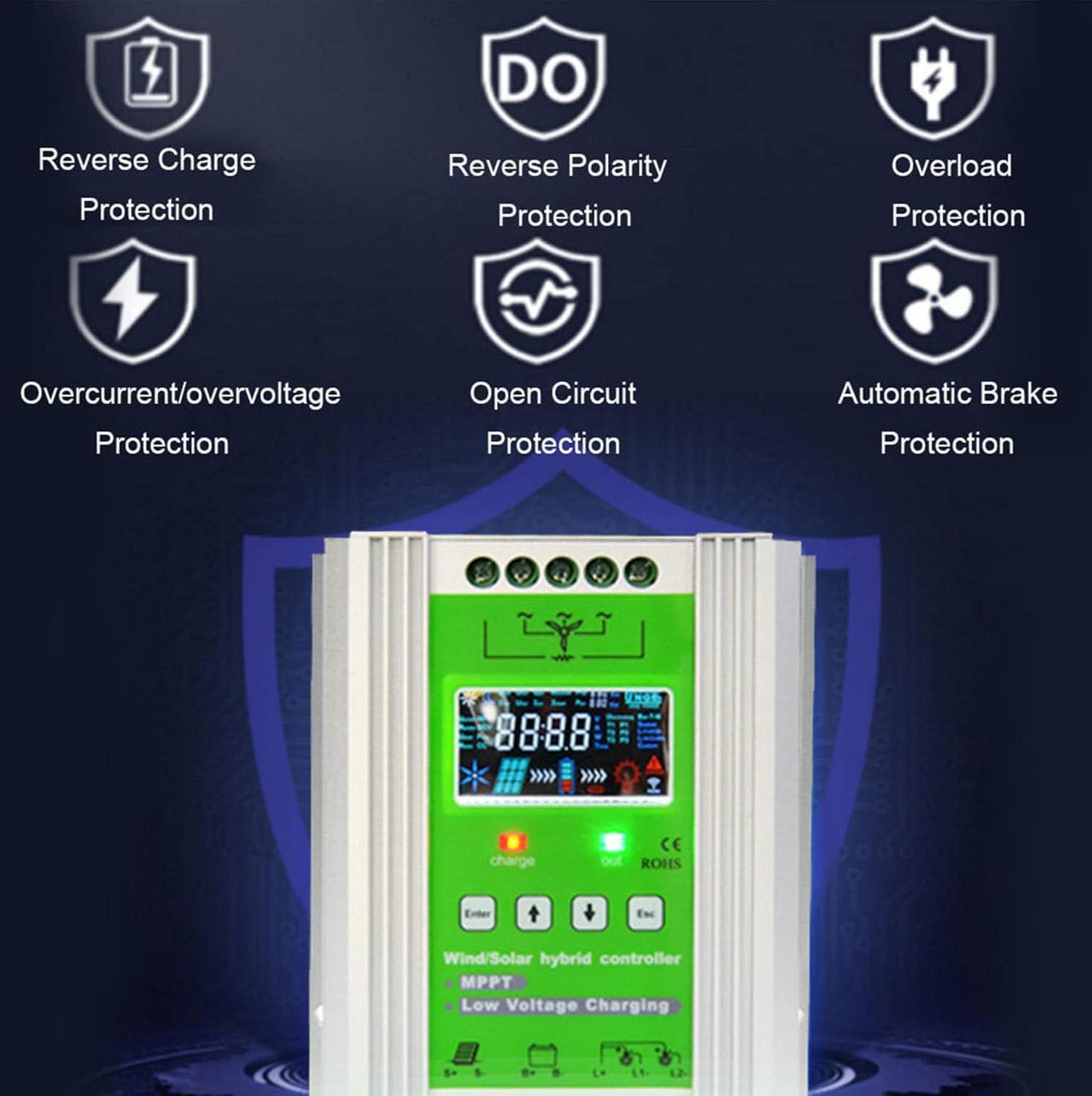 Hybrid Controller,12v/24v/48v Regulator Mppt Wind Solar Hybrid Boost Controller,Turbine Generator,with LCD Display 24V-3000W