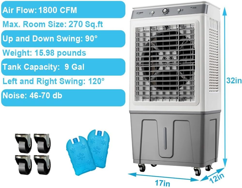 Evaporative Air Cooler Portable, Energy Saved Cooling Fan With 9 Gal Tank, Swamp Cooler With Universal Wheel, Portable Air Conditioner For Bedroom Home Office