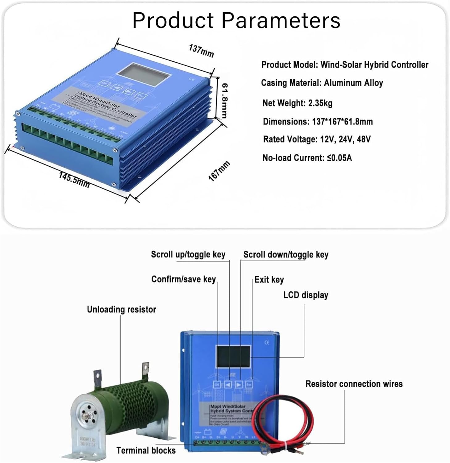 1000W Wind Solar Hybrid Charge Controller 12V 24V 48V MPPT Boost Charge Regulator with LCD Display and Dump Load for Home Street Light Controller 24/48V
