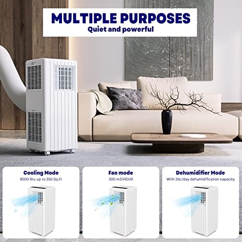 Portable Air Conditioner, 8000 BTU for Rooms up to 350 Sq Ft. Smart Portable AC Unit with Follow Me Remote, 3 Modes Ac Unit Suitable for Bedroom, Living Room, Office