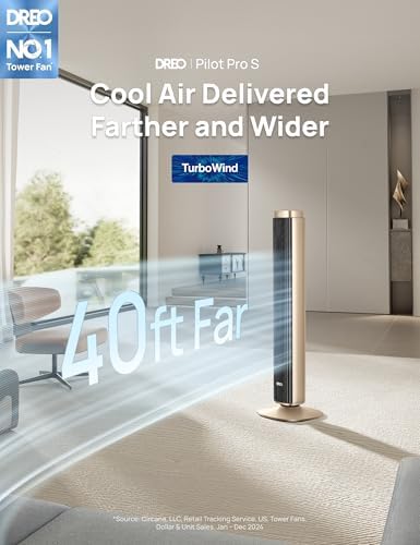 Dreo Tower Fan for Bedroom, 90° Oscillating Standing Fan with 40ft Far Airflow, 25dB Ultra Quiet DC Motor, 28ft/s Velocity, 12 Speeds, 42 inch, Smart Control, 4 Modes, 12H Timer, Pilot Pro S