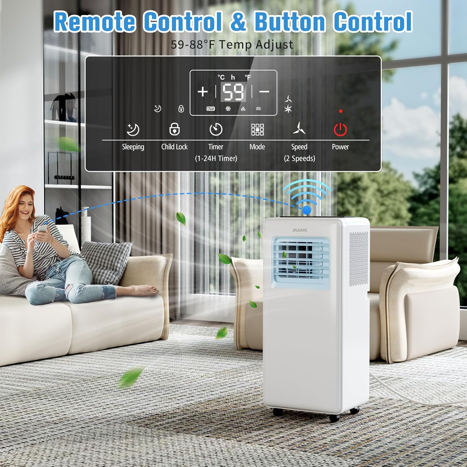 JINJUNYE Portable Air Conditioners 10,000 BTU 4-In-1 with 7 Color LED Light, Portable AC Unit Dry, Fan, Sleep Mode, Cool Room Up to 450 Sq.Ft, 24H Timer, Window Kit(Battery not Included)