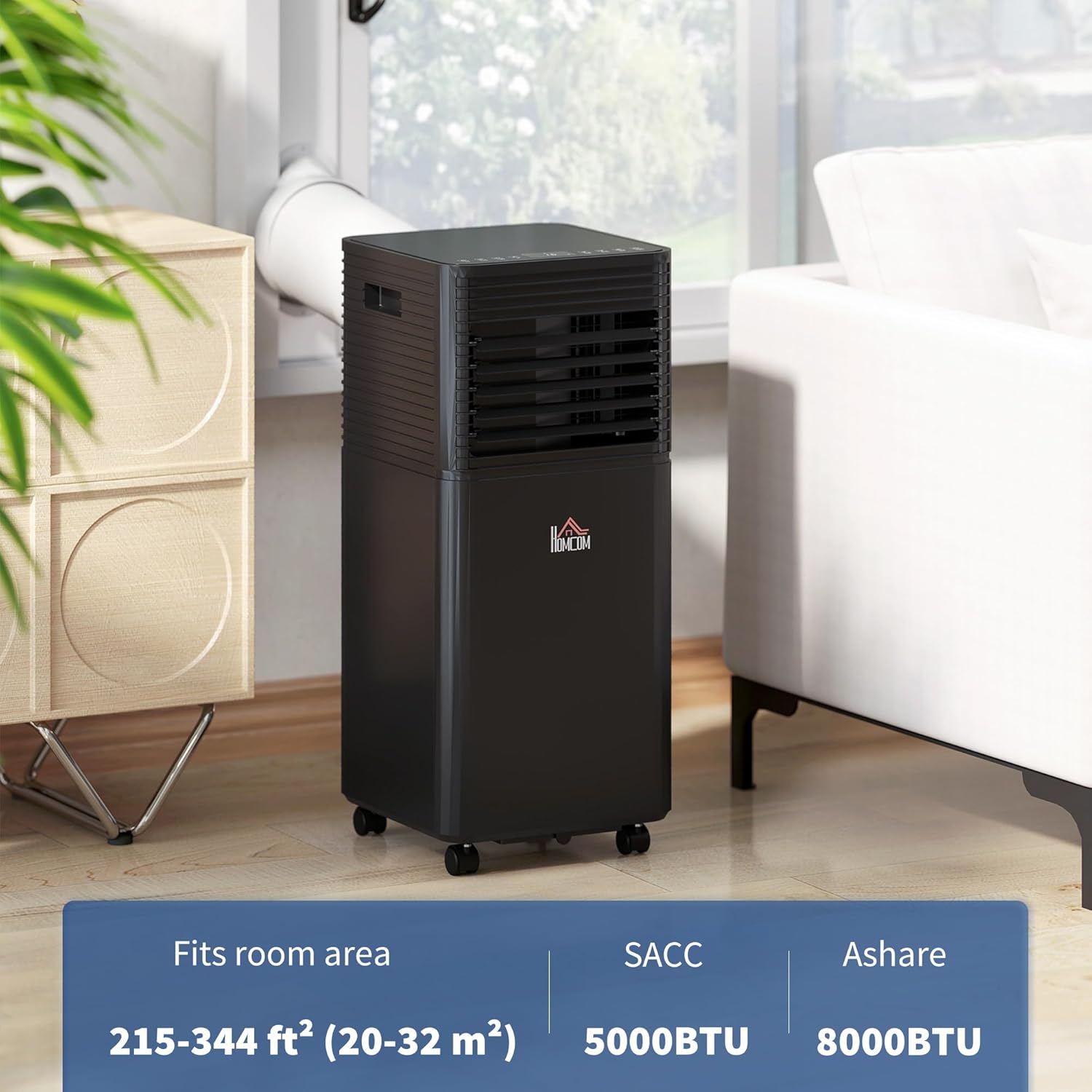 HOMCOM 8000 BTU Portable Air Conditioner for Rooms up to 344 Sq.Ft., 3-in-1 Mobile AC Unit with Dehumidifier, Cooling Fan, Sleep, Remote, 24H Timer, Auto Off, Window Installation Kit, Black