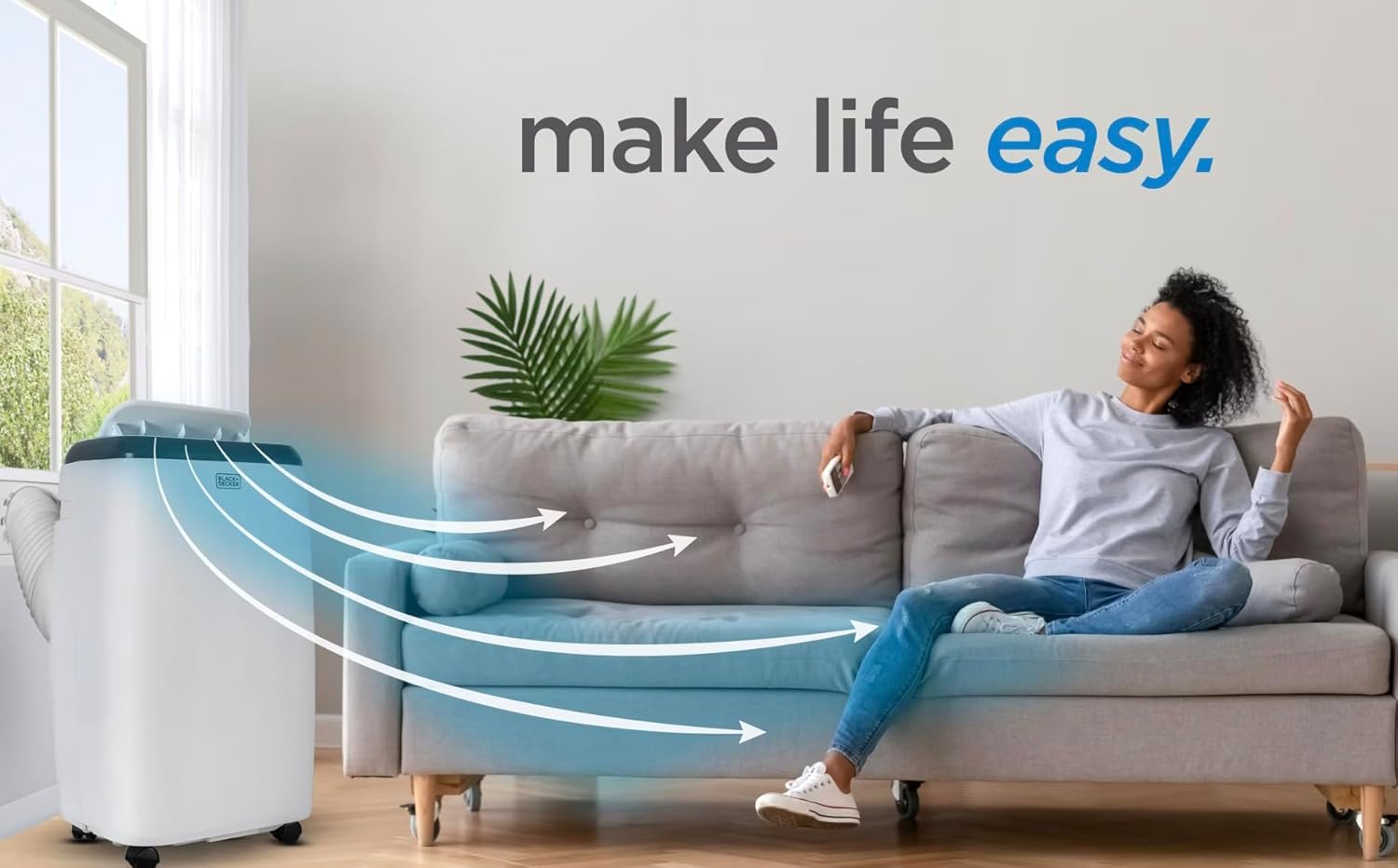 BLACK Smart Portable Air Conditioner, 12,000 BTU for Rooms up to 550 Sq. Ft., Smart Portable AC with Follow Me Remote and Window Kit, White