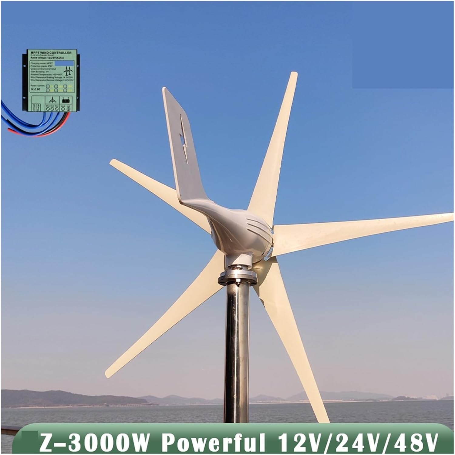 3000W Horizontal Wind Turbine Generator Kit with Controller 12V/24V/48V Low Noise Turbine Hybrid Solar Wind System White Industrial Energy(Model1,48V_3000W)