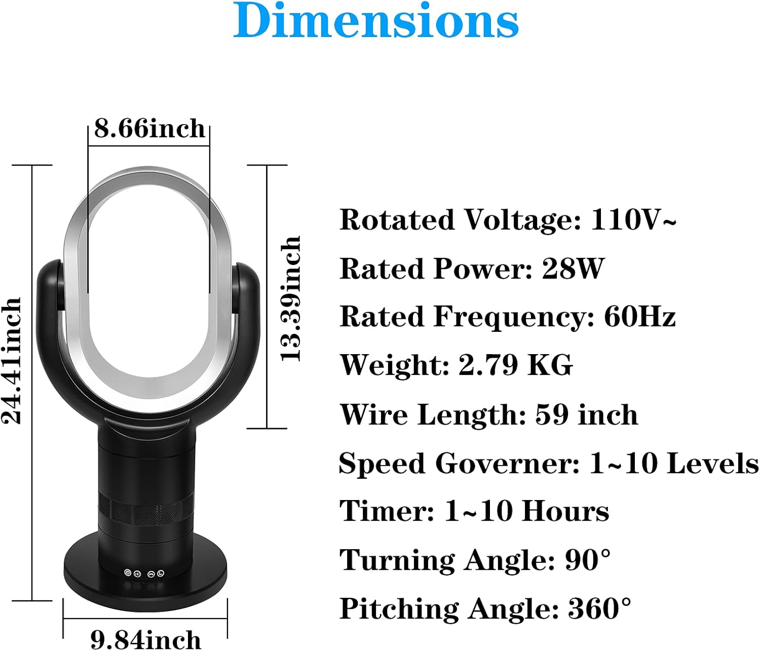 Simple Deluxe Portable Bladeless Tower Fan, 10 Speeds Settings, 10-Hour Timing Closure, Low Noise, Lightweight, 24 Inches, Black