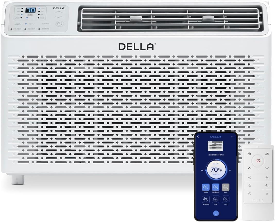 DELLA 12000 BTU Smart Inverter Air Conditioner, Work with Alexa and WIFI, Cools Up to 550 Sq. Ft, GEO Location, Energy Saving Window AC Unit with Smart Controls, Remote, Dehumidifier, Reusable