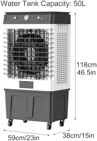 Swamp Cooler Air Conditioner, Evaporative Cooler, 7000 CFM Portable Evaporative Air Cooler, 50 L/13 Gal Water Tank, 3 Speeds, 4 Ice Boxes, Touch, for Room Garage Patio(118x38x59cm)