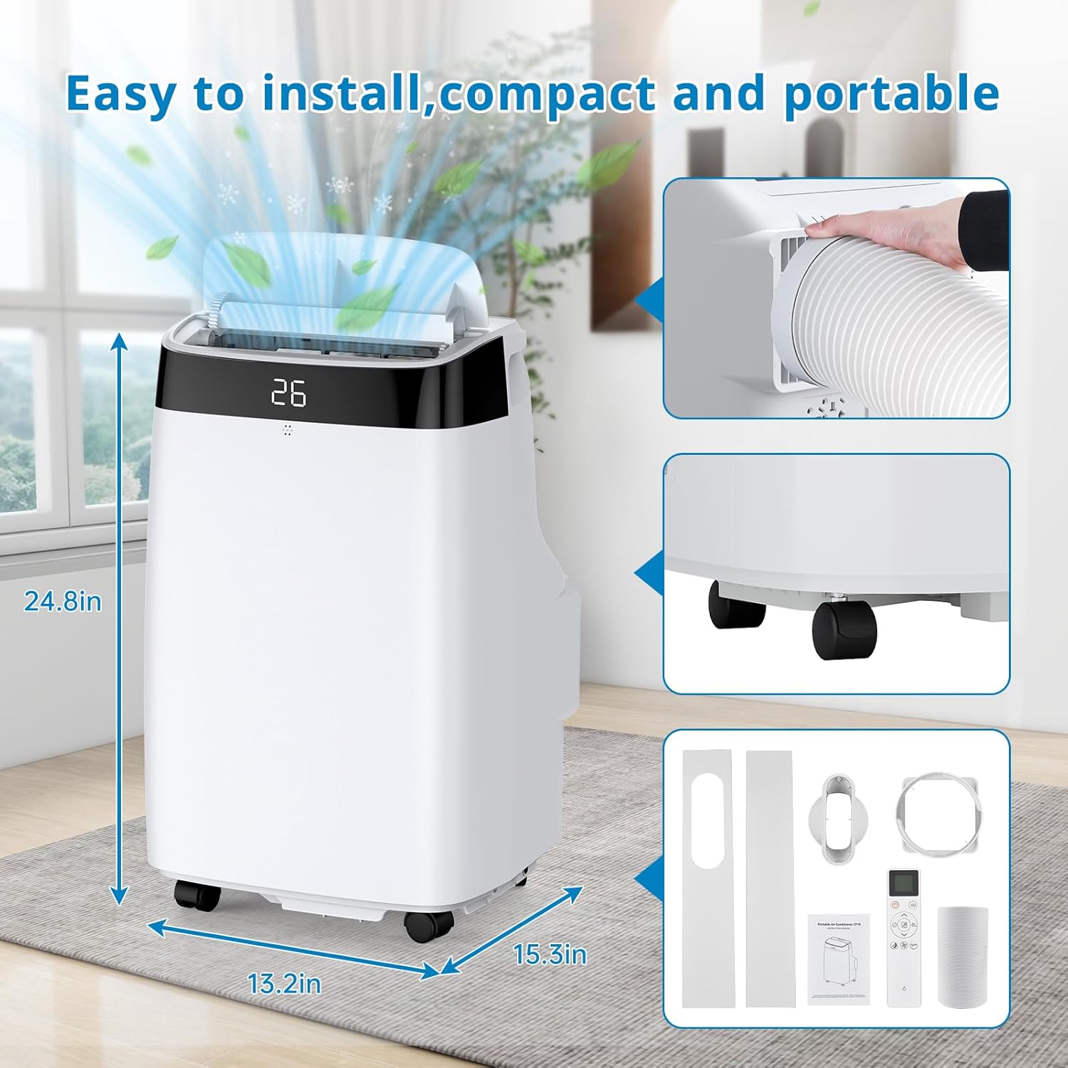 10000Btu Portable Air Conditioner up to 450 Sq. Ft, Built-in Dehumidifier, Fan, Energy Saving Sleep Modes, AC Unit with Window Exhaust Kit & Remote Control Portable AC for Rooms