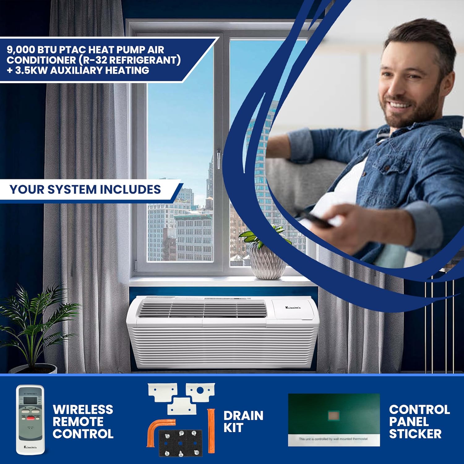 Klimaire 9,000 BTU PTAC Heat Pump A/C R-32 Wi-Fi Enabled with 3.5kW Electric Heater, Remote Control, Drain Kit - 230V