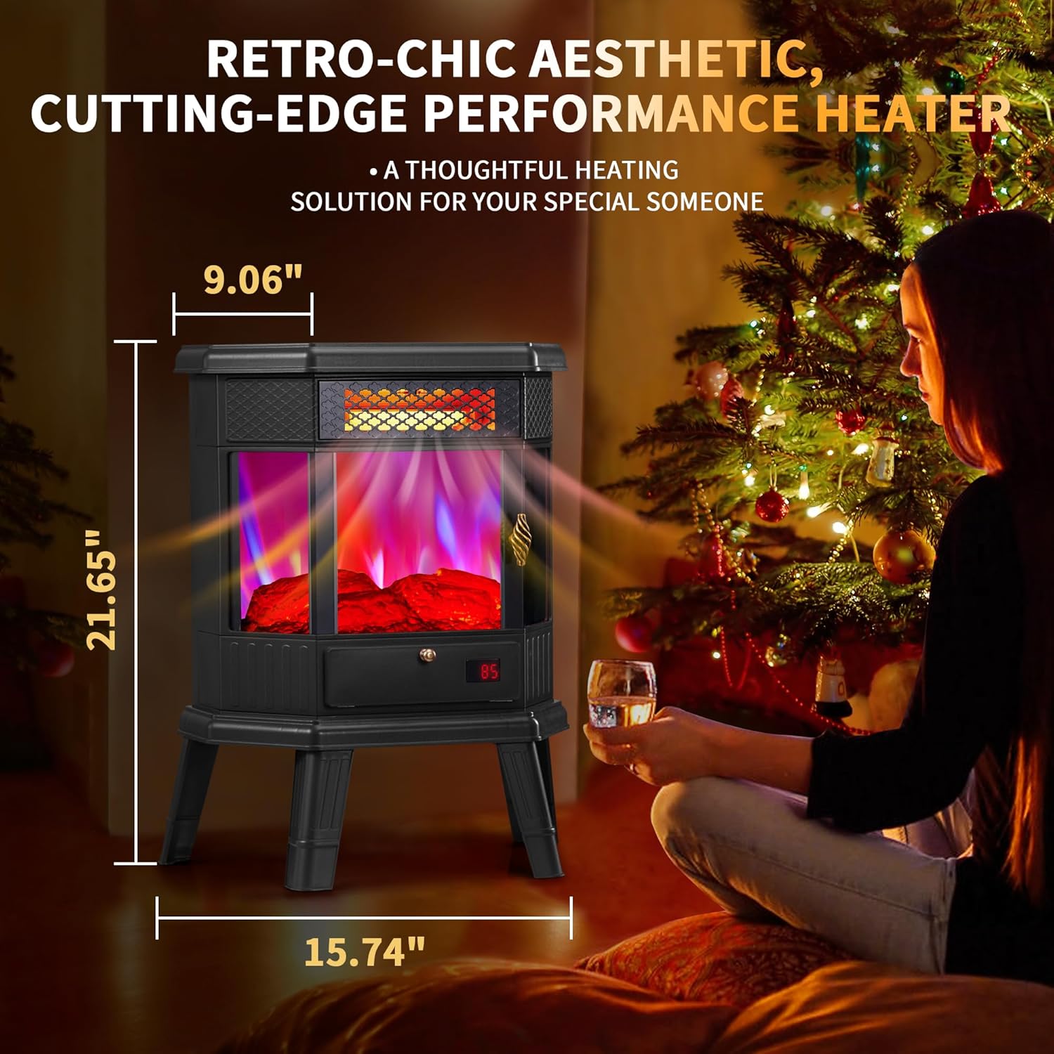 RealSmart Electric Fireplace Heater 22 in Freestanding Fireplace Stove Infrared Quartz Fireplace for Idoor Use with 3D Flame Effect Remoted Control, Timer, Overheating Protection Black