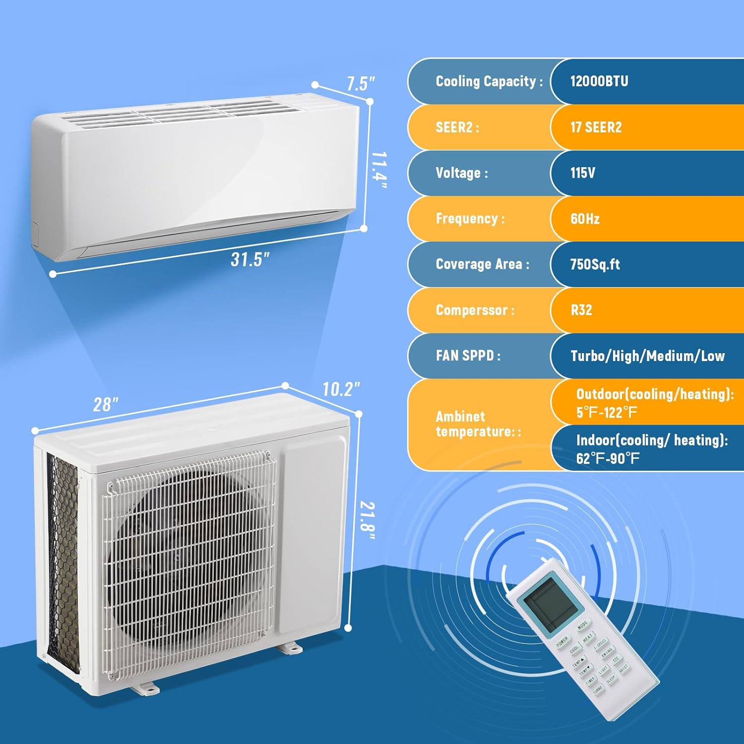 12000BTU Mini Split Air Conditioner& Heater, 17 SEER2 Energy Saving 115V AC Units Cools Rooms up to 750 Sq. Ft Installation Kit Included, White