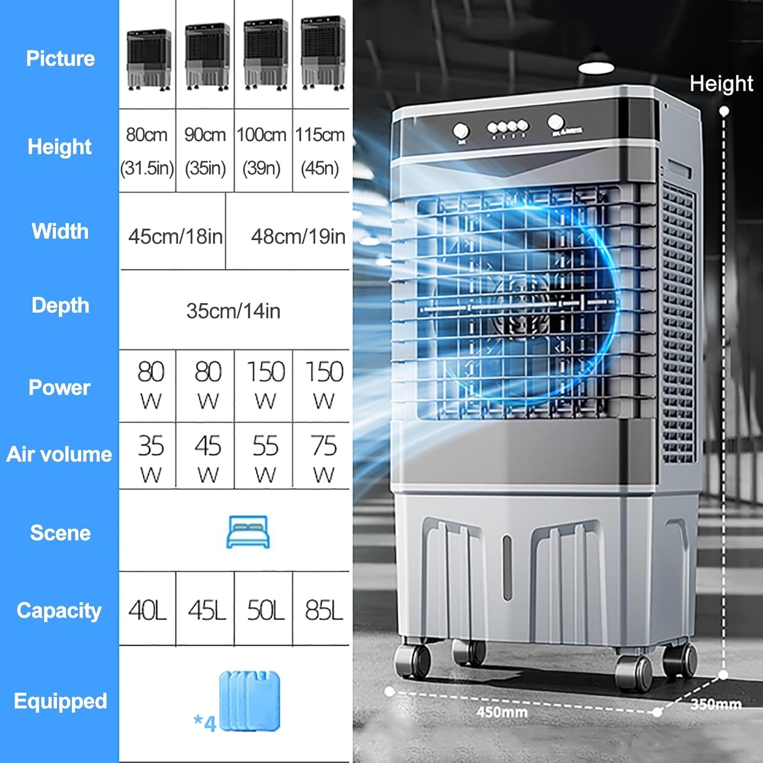 Swamp Cooler Air Conditioner, Evaporative Air Cooler with 4 Ice Box, 120°Oscillation, Portable Cooling Fan with 3 Speeds for Bedroom Home Office(48x35x100cm/19x14x39inch)
