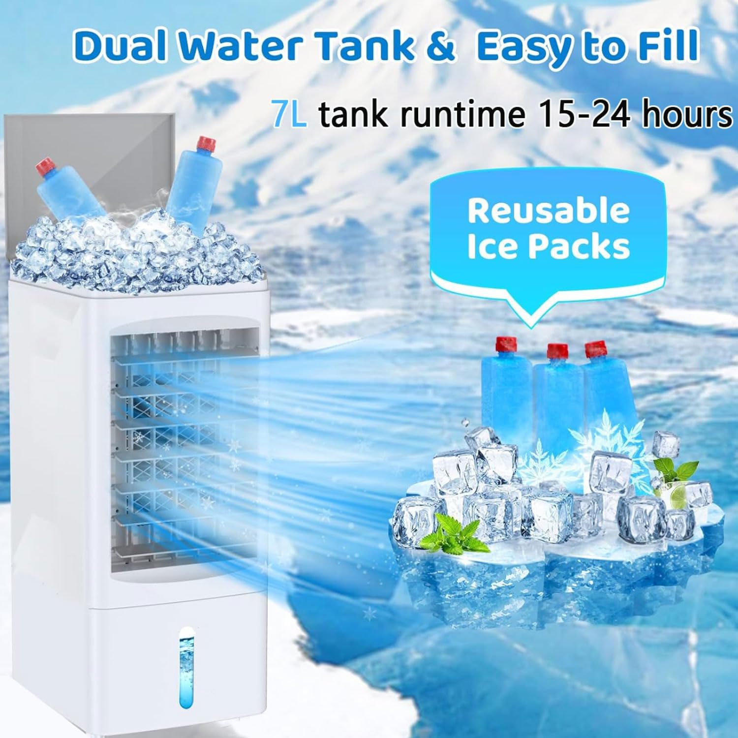 Portable Air Conditioner Evaporative Air Cooler with 7L Water Tank Remote Control 12H Timer 120° Oscillation Ice Boxes 3 Modes 3 Speeds Portable Cooling Fan Humidifier for Bedoom Home Office